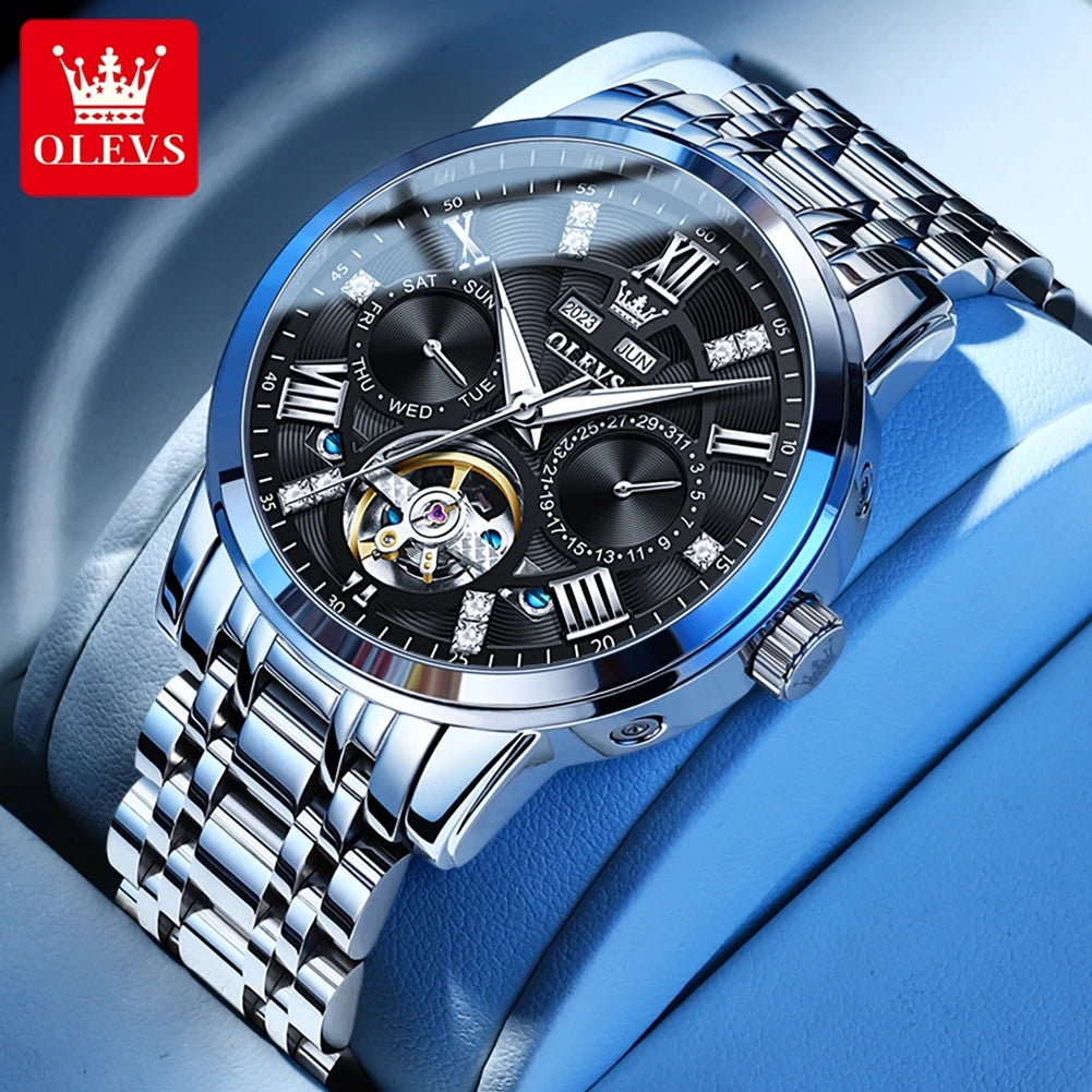 OLEVS Men's Watches Skeketon Flywheel Automatic Mechanical Original Wristwatch for Man Waterproof Luminous Perpetual Calendar