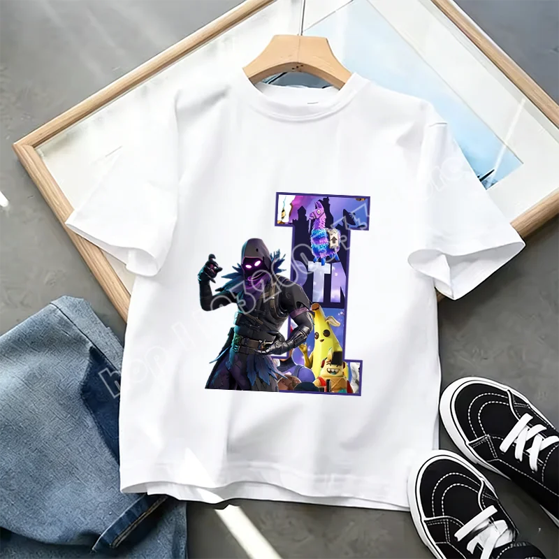 Tricou Fortnite cu imprimeu alfabet A-Z, de vară, pentru copii, alb, îmbrăcăminte cu joc cartoon popular, tricou fashion casual cu mânecă scurtă, cadou