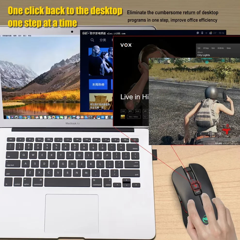 Dobíjecí bezdrátová USB myš pro pravou ruku s Type-C pro notebook a počítač, tiché klikání, podsvícená herní myš 3600cpi