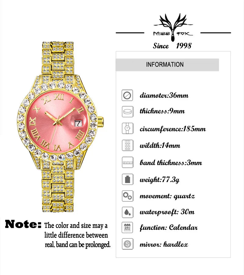 Luxury Jewelry Watch For Women Hip Hop Brand MISSFOX Fashion Waterproof Iced Diamond Quartz WristWatch Ladies Gift Hot Sale