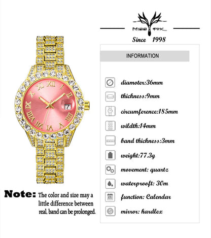 Luxury Jewelry Watch For Women Hip Hop Brand MISSFOX Fashion Waterproof Iced Diamond Quartz WristWatch Ladies Gift Hot Sale