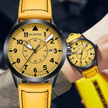 OCHSTIN Mens Fashion Luxury Mechanical Automatic Skeleton Watch Transparent Back Cover Creative Design With Yellow Calendar Dial