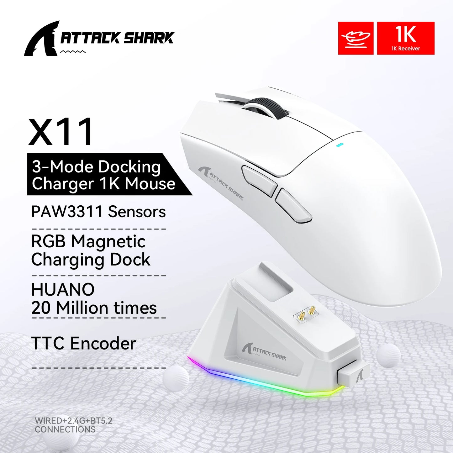 Herní myš ATTACK SHARK X11 a bezdrátová myš X11 SE, 22000 DPI, snímač PAW3311, BT/2.4G/kabelové připojení, lehká 59g konstrukce, 2000W kliknutí