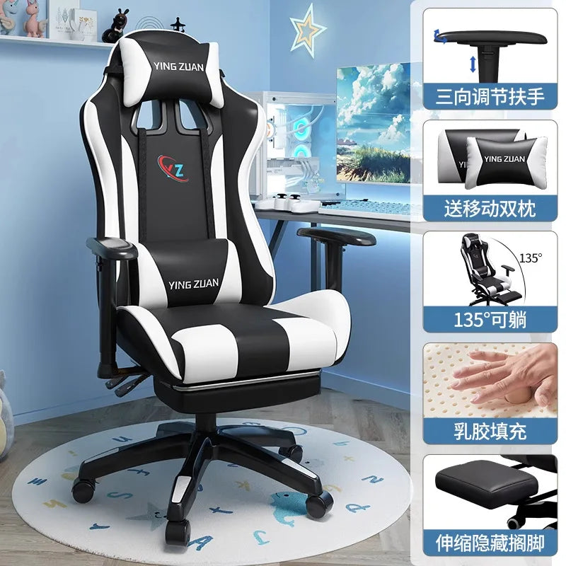 Scaun de gaming, scaun pentru computer, șezut confortabil rabatabil, pentru jocuri și live streaming, dormitor, studenți, acasă, ergonomie pentru stat prelungit pe scaun