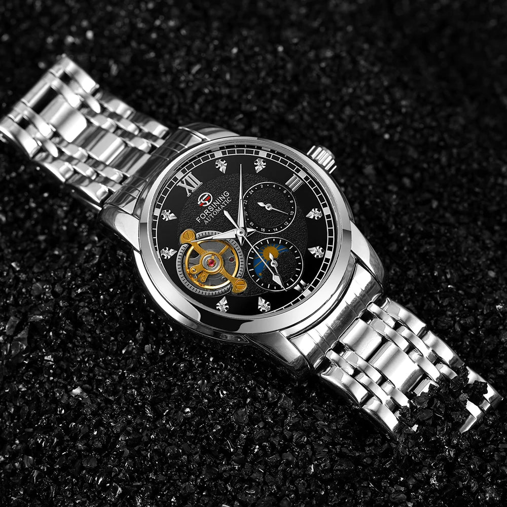 Orologio meccanico automatico da uomo Forsining – Stile lussuoso, business e alla moda, bracciale in metallo, tourbillon, lancette luminescenti, impreziosito da diamanti sintetici