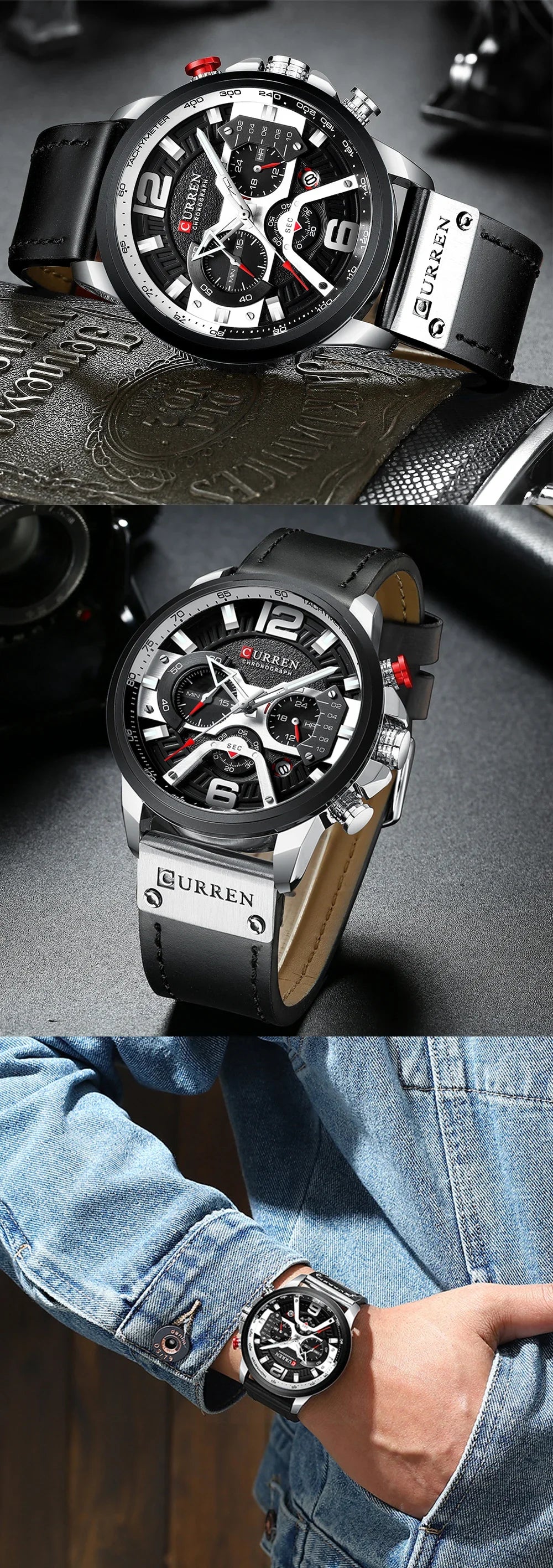 Relógio para homem CURREN 8329 – Estilo desportivo descontraído, design militar, bracelete em pele, cronógrafo na moda, relógio de luxo de grande marca