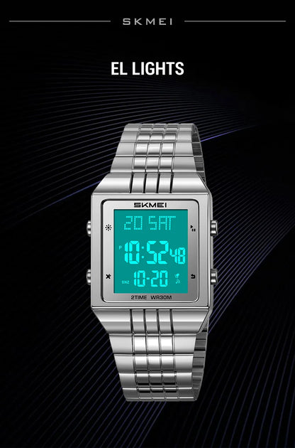 Skmei Luxury Digital Watches for Mens LED Waterproof Date Week Display Chronograph Fashion Dual Time Zones Bracelet Steel Watch