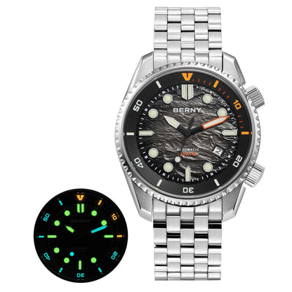BERNY Automatic Diver Watch for Men Top Luxury Sapphire 316L Steel Blue Dial 200M Waterproof Mechanical Diving Men's Watches