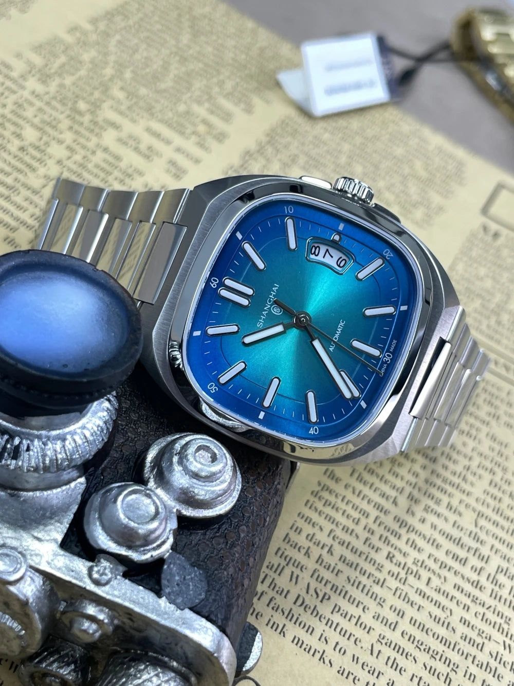 Shanghai Watch Automatic Mechanical Square Dial Men's Watch Luminous Water-Resistant to 50m Date Display Casual Wristwatch SH018