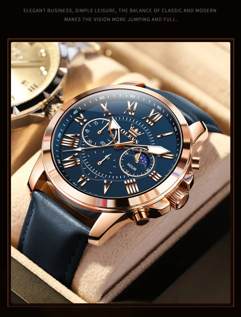OLEVS 3632 Men Watch Elegant Luxury Sport Quartz Watch Scale Waterproof Luminous Automatic Date Moon Belt Watch Gifts Original