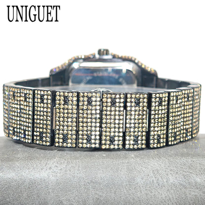 Green Diamond Watch For Men Brand UNIGUET Fashion Roman Literal Quartz Clock Man Hip Hop Iced Jewelry Square Wristwatch 2025 New