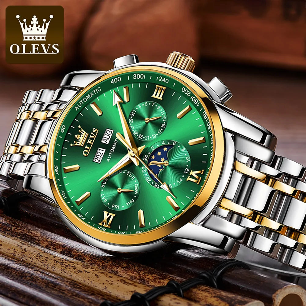 OLEVS 6633 Luxury Men's Watches Automatic Green Watch Men Stainless Steel Waterproof Business Sport Mechanical Wristwatch 6633