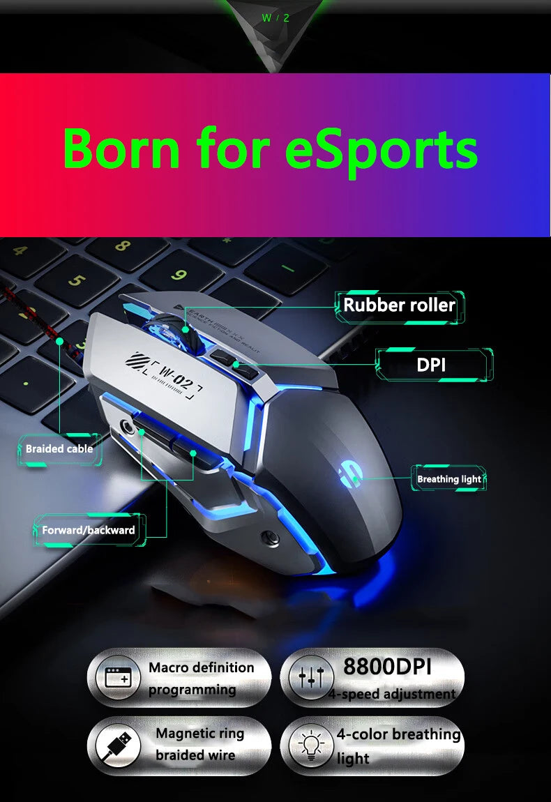 Inphic W2 2. generace USB kabelová herní myš, tiché kliknutí, kovový styl, 6 tlačítek s programováním maker, 8800DPI