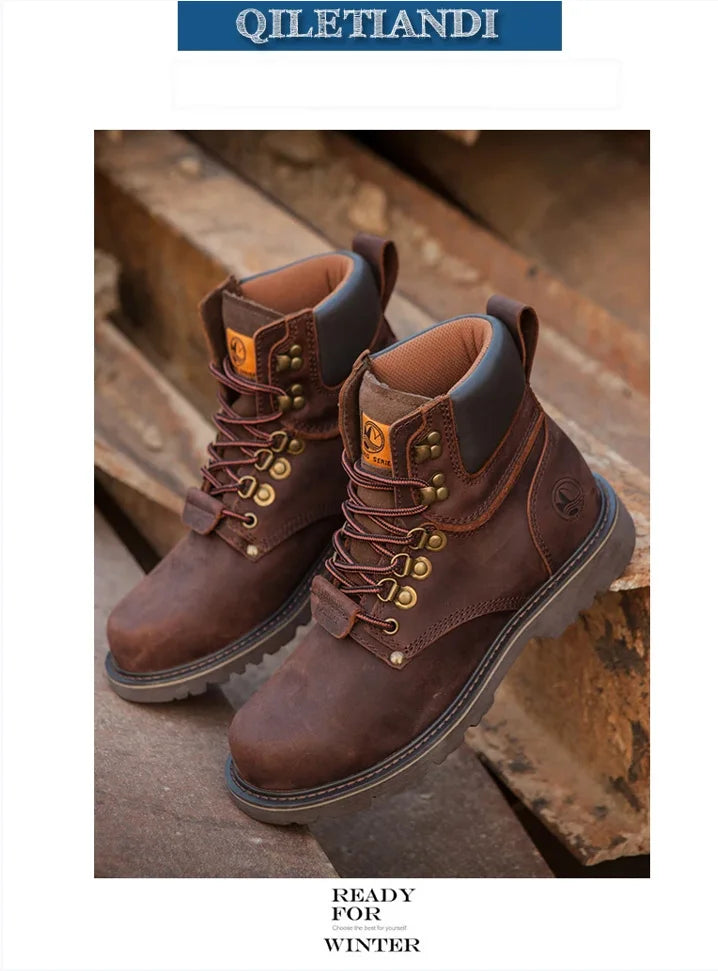 KOWM Cowhide Outdoor Men Hiking Shoes Waterproof Tactical Desert Shoes Hunting Boots Snow Boots Fur Sneakers Women Trekking Shoes