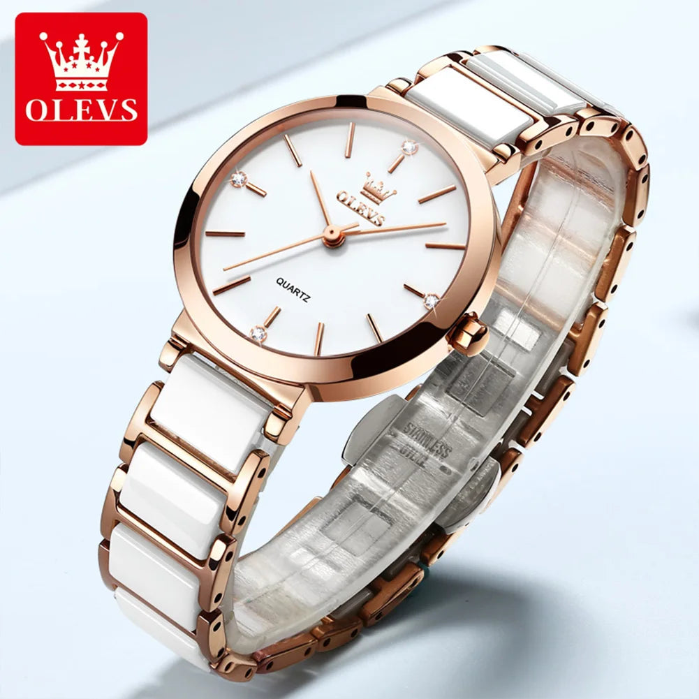 OLEVS Fashion Women Watches Relogio Feminino Luxury Rose Gold Watch Ladies Quartz Wrist Watch Ceramic Strap Clock Reloj Mujer