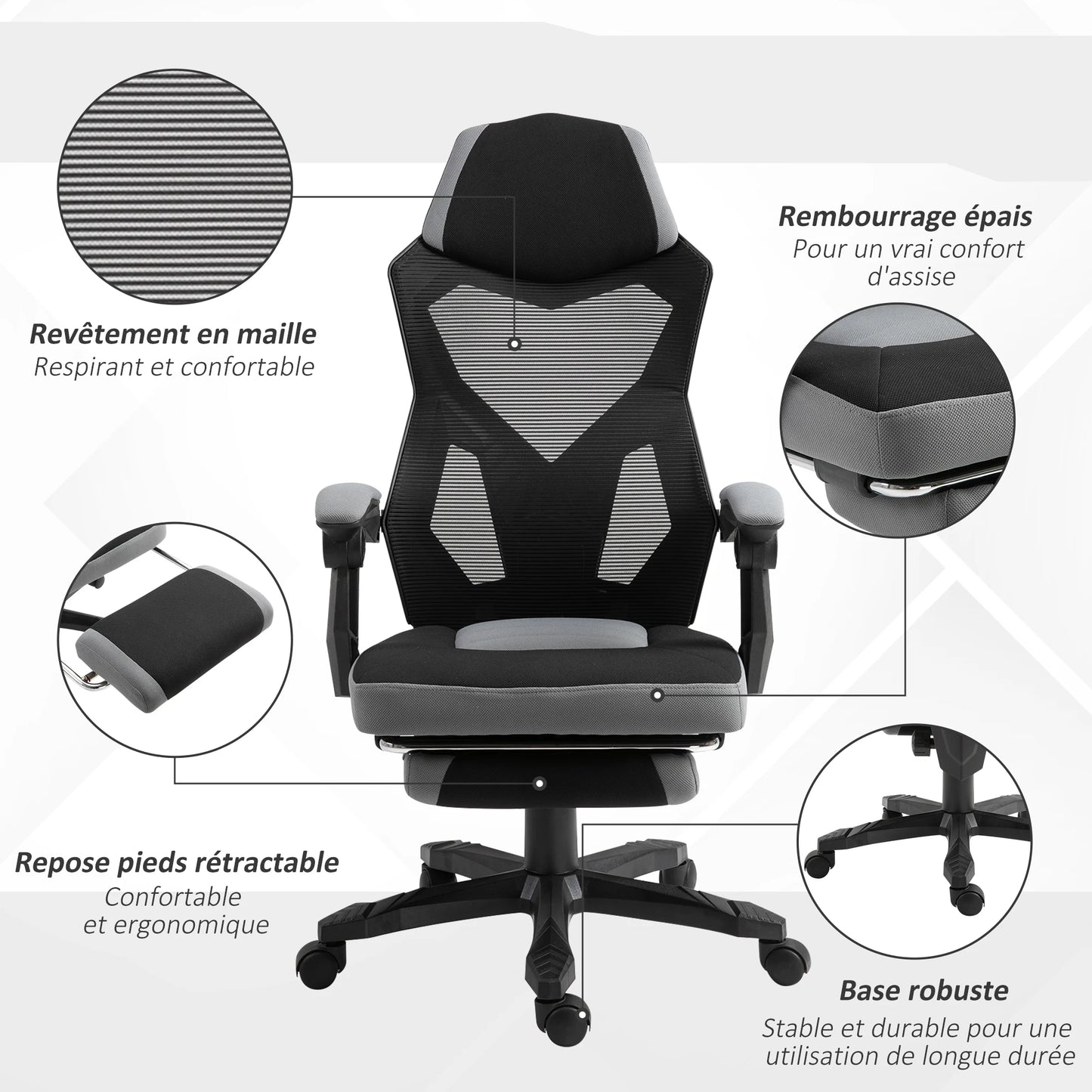 Office chair, gaming armchair, height adjustable, backrest, swivel, casters, footrest, mesh gaming chair, multi-purpose chair