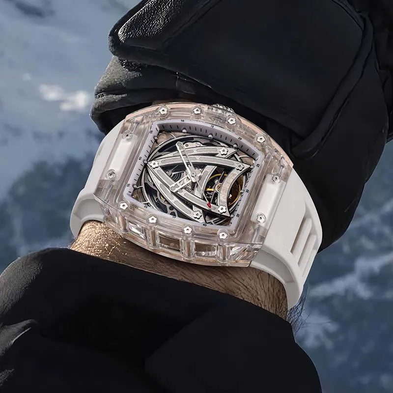PINDU Designer Hollow Tonneau Mechanical Watch Men Luxury Brand Skeleton Automatic Watches Mens Sport Silicone Wristwatch JH3105