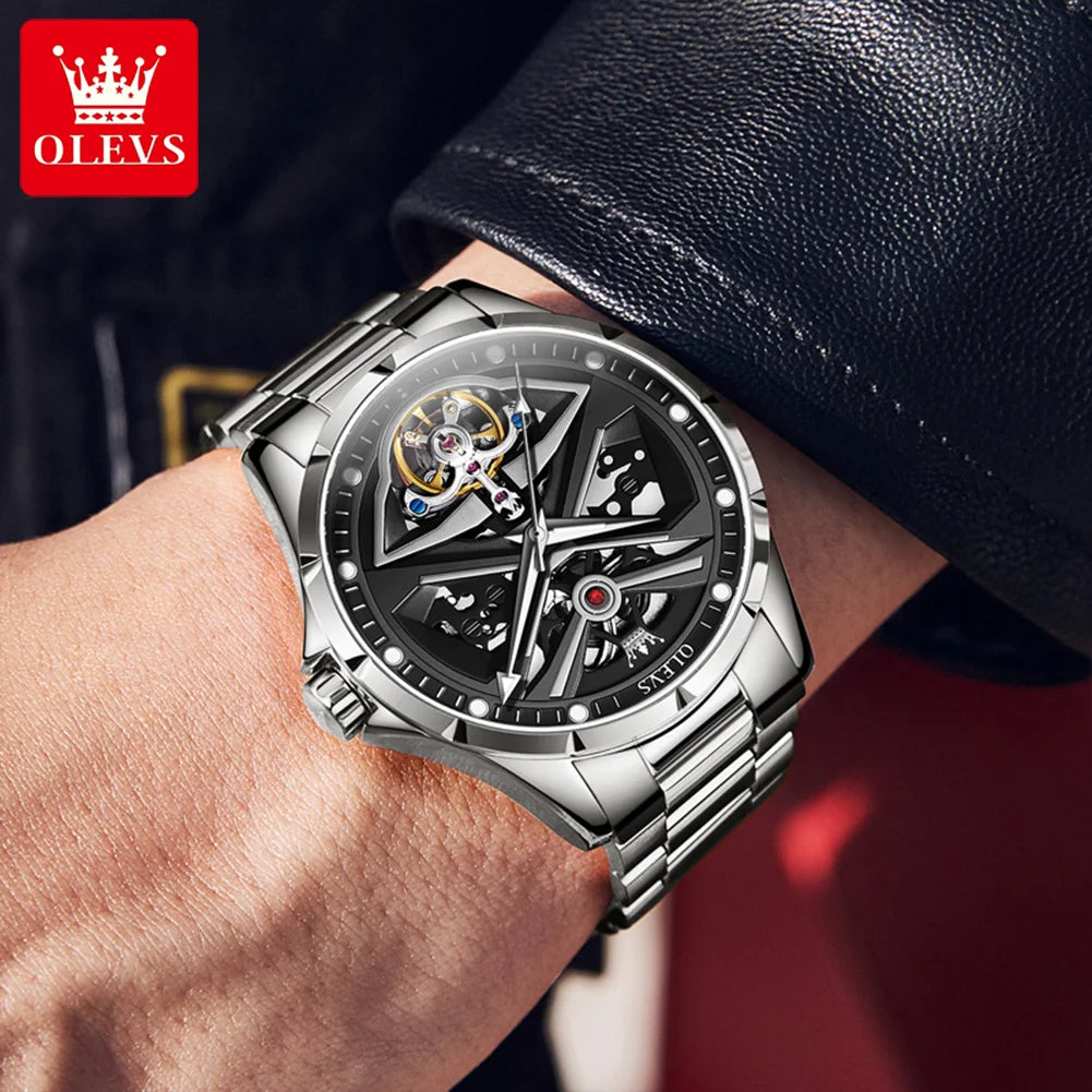 Montre pour homme OLEVS 6655, modèle squelette entièrement automatique; montre-bracelet mécanique de luxe, lumineuse et étanche.