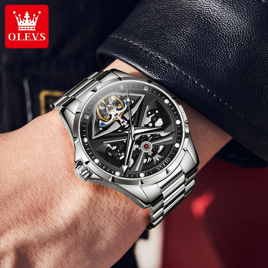 Montre pour homme OLEVS 6655, modèle squelette entièrement automatique; montre-bracelet mécanique de luxe, lumineuse et étanche.