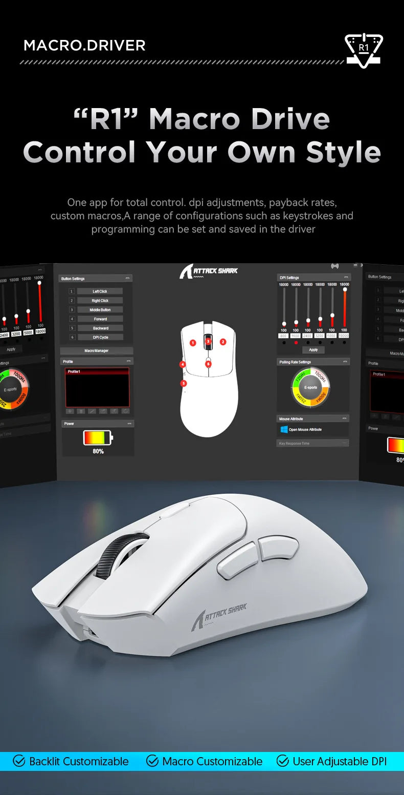 Mouse de gaming wireless Attack Shark R1 Lightweight Bluetooth 2.4G, PAW3311, 18000DPI, ergonomic, cu macrocomenzi