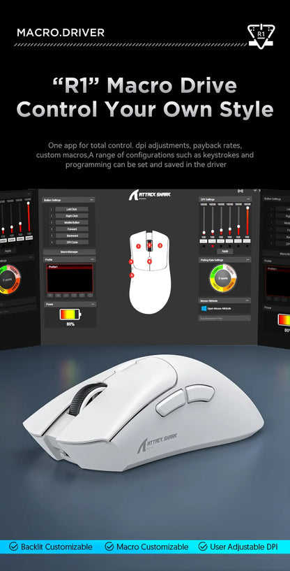 Mouse de gaming wireless Attack Shark R1 Lightweight Bluetooth 2.4G, PAW3311, 18000DPI, ergonomic, cu macrocomenzi