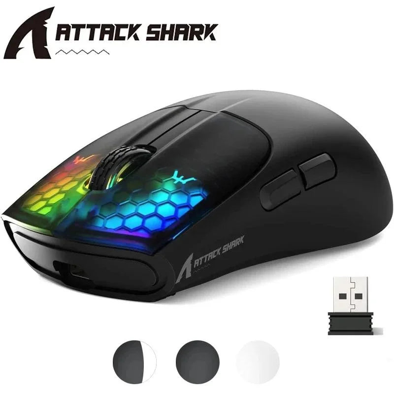 ATTACK SHARK X5 bezdrátová myš, lehká, tri-mode připojení 2.4GHz / kabel / Bluetooth, RGB makro herní myš