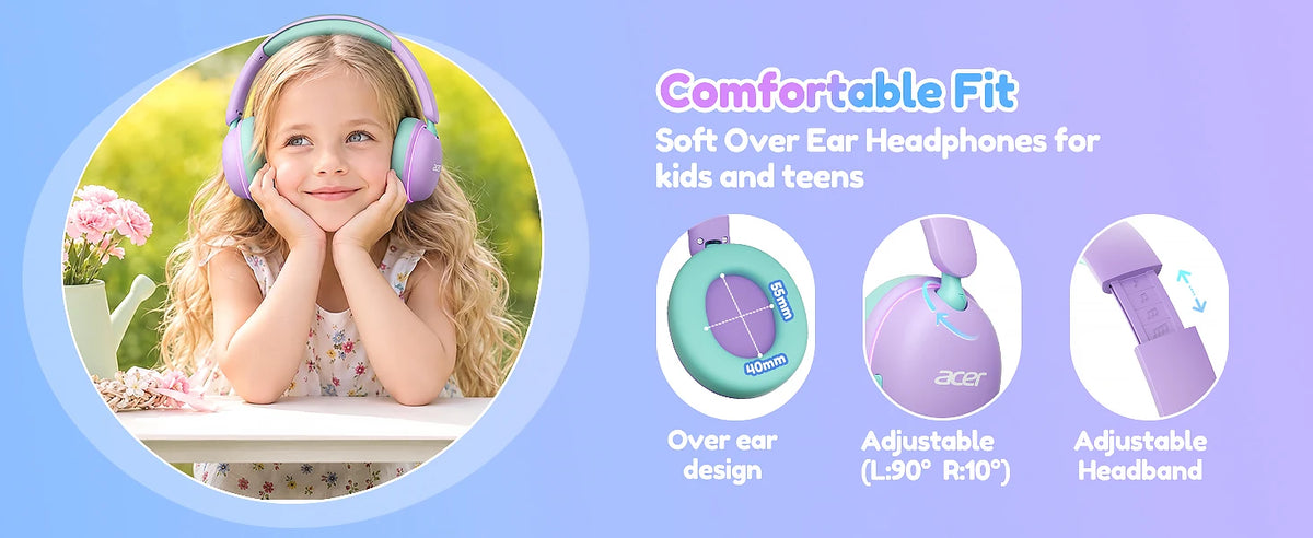 Casque Bluetooth 6.0 pour enfants Acer OHR727 avec lumières LED, conception confortable circumaurale, volume sécurisé de 85 dB, autonomie de 110 heures, microphone intégré