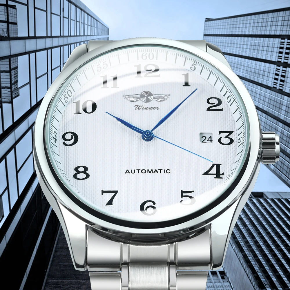 Relógio clássico para homem – Estilo retro com calendário e ponteiros azuis, movimento mecânico automático, marca de prestígio, caixa em aço e bracelete em pele