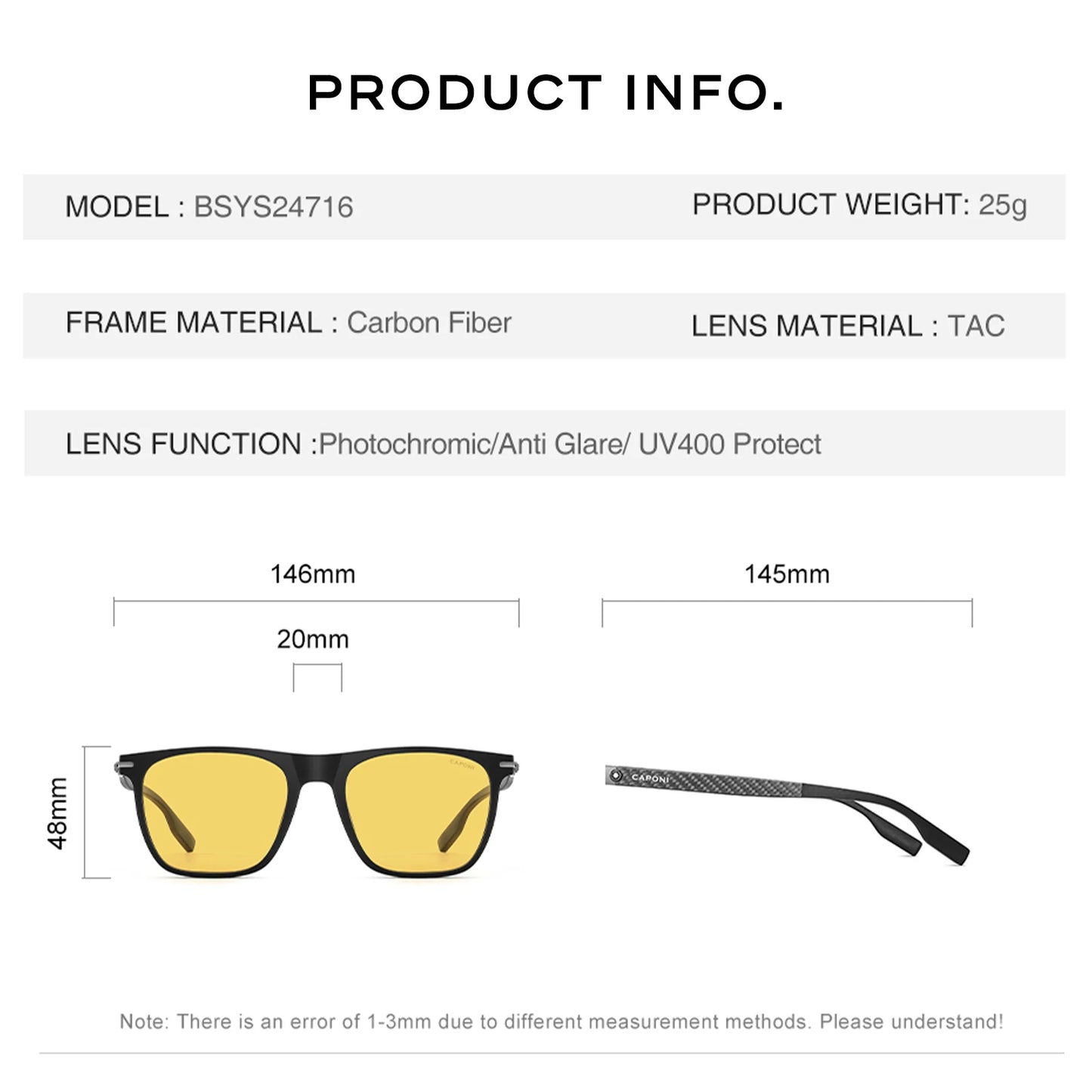 CAPONI Night Vision Men Sunglasses Original Designer High Quality Carbon Fiber Yellow Sun Glasses Photochromic Eyewear BSYS24716