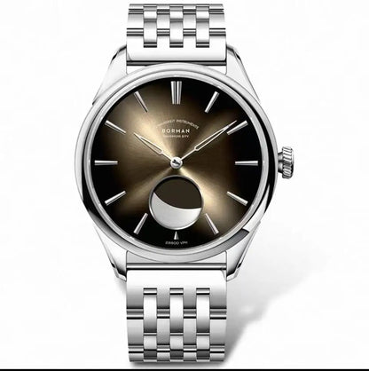 Montre automatique pour homme Borman – Montre mécanique de luxe avec phase de lune, étanche jusqu'à 50 m, verre saphir et bracelet en cuir