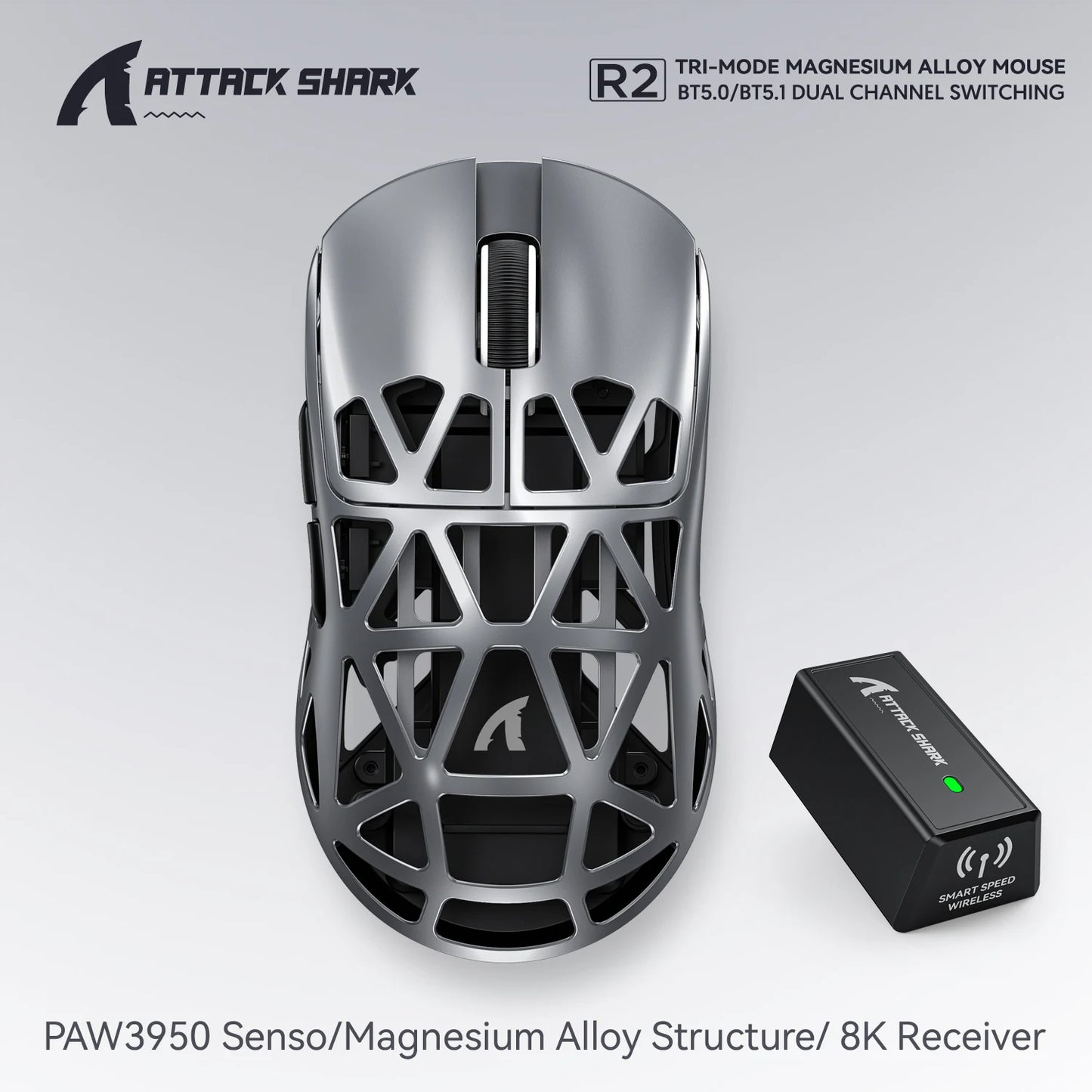 Attack Shark R2 vezeték nélküli gamer egér PAW3950 8K, könnyű magnéziumötvözet gamer egér, Bluetooth tri-mode kapcsolattal játékhoz/irodai használatra
