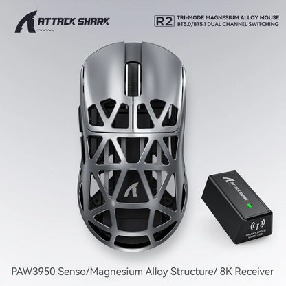 Attack Shark R2 vezeték nélküli gamer egér PAW3950 8K, könnyű magnéziumötvözet gamer egér, Bluetooth tri-mode kapcsolattal játékhoz/irodai használatra