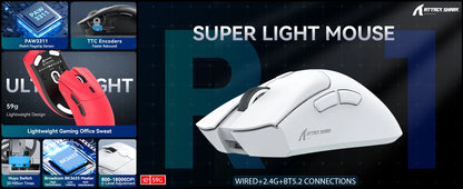 ATTACK SHARK R1 tri-mode gamingmus, PixArt PAW3311-sensor, 18000 DPI, 1000hz, 59g ultralet til store hænder, til PC/Mac