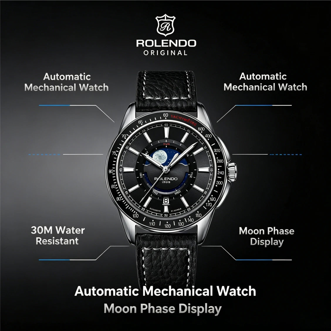 ROLENDO 1908 Men Automatic Mechanical Watch 21 Jewels Black Genuine Leather Business Wristwatch Waterproof Luxury Male Timepiece