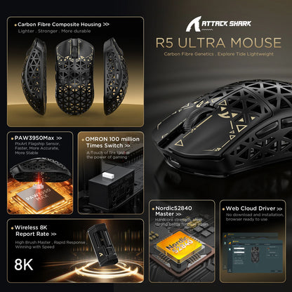 ATTACK SHARK R5 Ultra Carbon Fiber trådløs 8K gamingmus 39g SUPERLIGHT, PixArt PAW3950MAX gamingsensor, 8000Hz trådløs polling