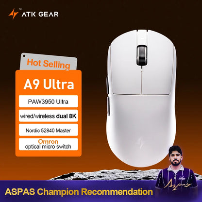 ATK Dragonfly A9 Ultimate vezeték nélküli gaming egér A9 Air PAW3950, ultrakönnyű ergonomikus e-sport gamer FPS egér CSGO-hoz A9 Ultra
