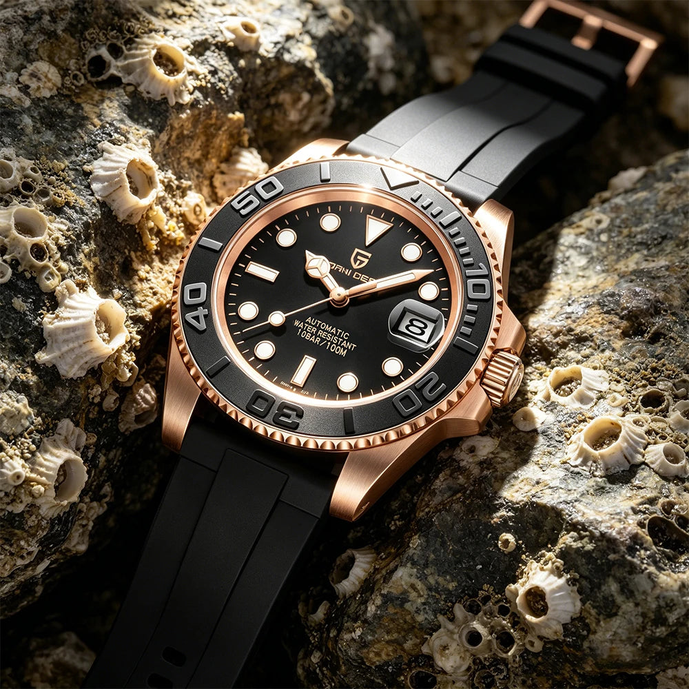 PAGANI DESIGN Automatic Watch Rose Gold Diver Watch 100M Waterproof Luxury Sport Wristwatch Black Rubber Strap Relogio Masculino