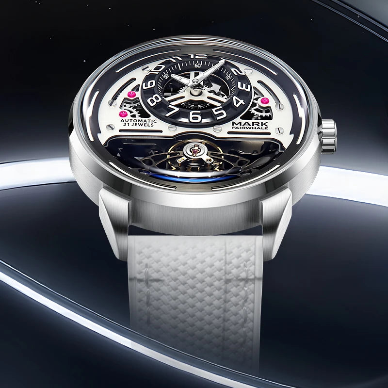 MARK FAIRWHALE Men's Automatic Watch Skeleton Dial Fluororubber Strap Waterproof Luxury Fashion Wristwatch