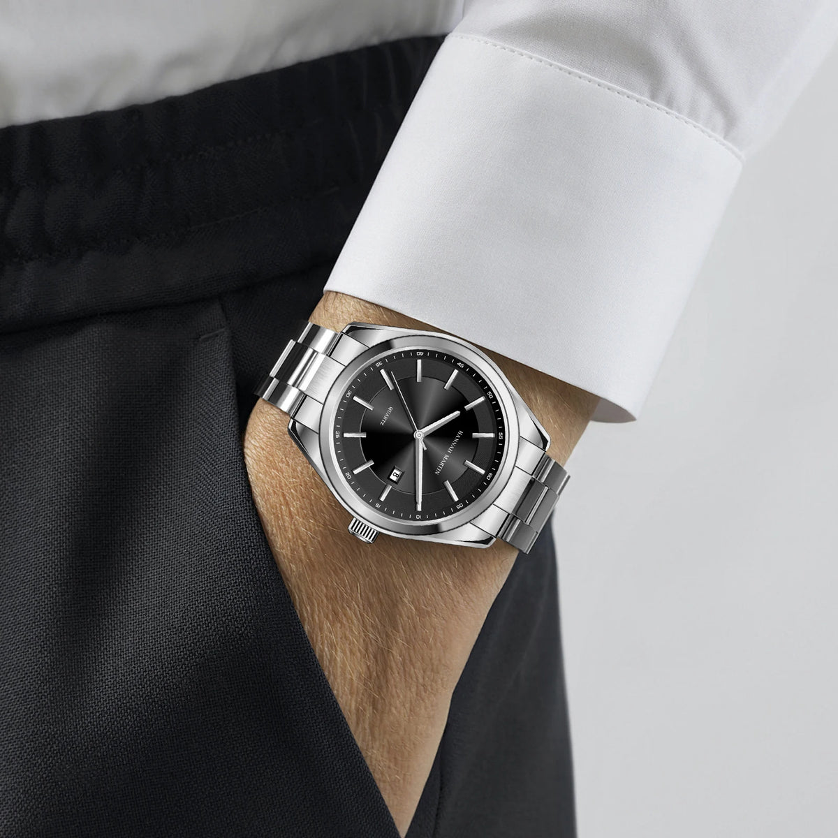 Montre à quartz HANNAH MARTIN, 40 mm, pour homme, bracelet en acier inoxydable noir, étanche 3 bars, style sport-chic