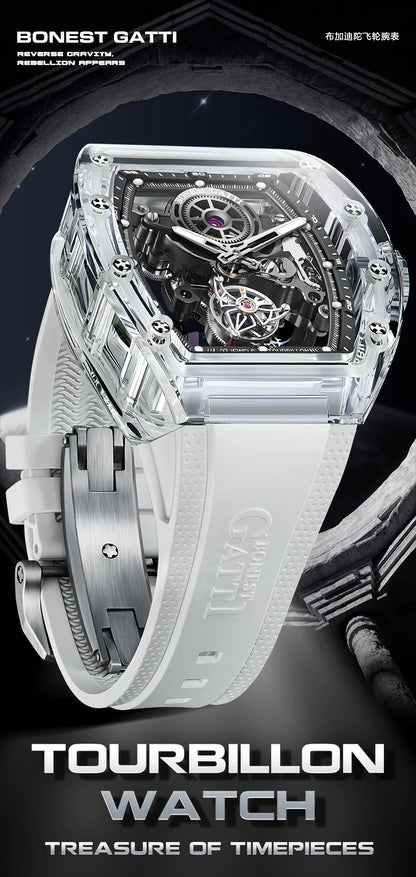 BONEST GATTI Automatic Movement Tourbillon Mechanical Wristwatch Crystal Case Luminous Watch Fluororubber Strap Watches for Men