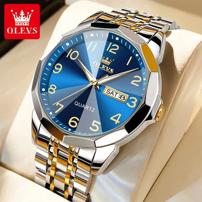 Relógio de homem OLEVS 9970 – Modelo elegante com mostrador digital, indicação da data e do dia, resistente à água, luminescente, de quartzo – Relógio de luxo original