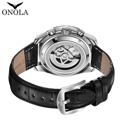 Montre mécanique pour homme ONOLA – Montre automatique de luxe au style décontracté, avec bracelet en cuir et cadran ajouré