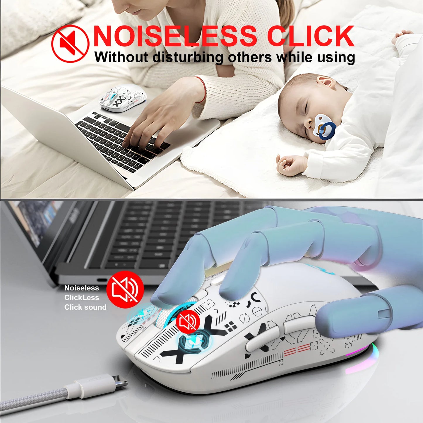 3 tilstande Bluetooth-gamingmus, genopladelig 2.4G USB trådløs mus med RGB-baggrundsbelysning til iPad, tablet, laptop og computer