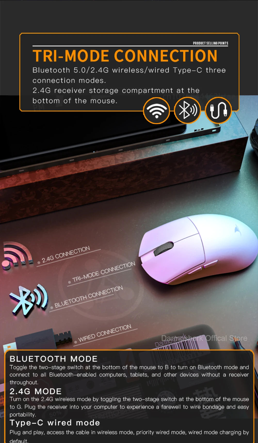Darmoshark M3Pro -pelihiiri 2.4G BT Wireless Tri-Mode PAW3395 -sensorilla N52840 26000DPI, isokätinen makroajurihiiri pelaamiseen