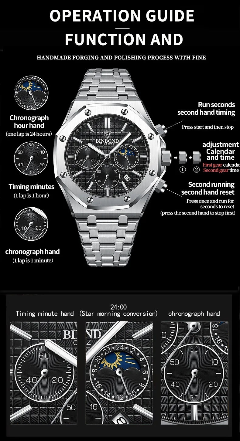 BINBOND 0161 Brand Man Quartz Watch Luxury Luminous Chronograph Wristwatch Stainless Steel Waterproof Men Date Calendar Clock