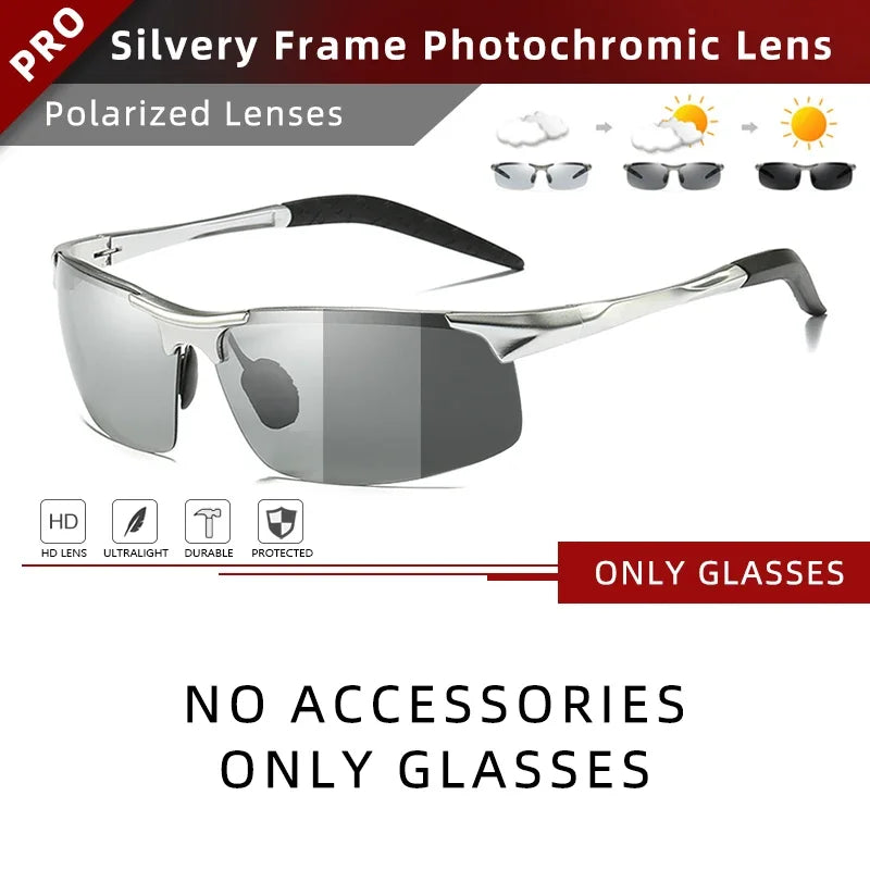 CLLOIO Aluminum Rimless Photochromic Sunglasses Men Polarized Driving Chameleon Anti-Glare Glasses Travel Fishing Goggle UV400