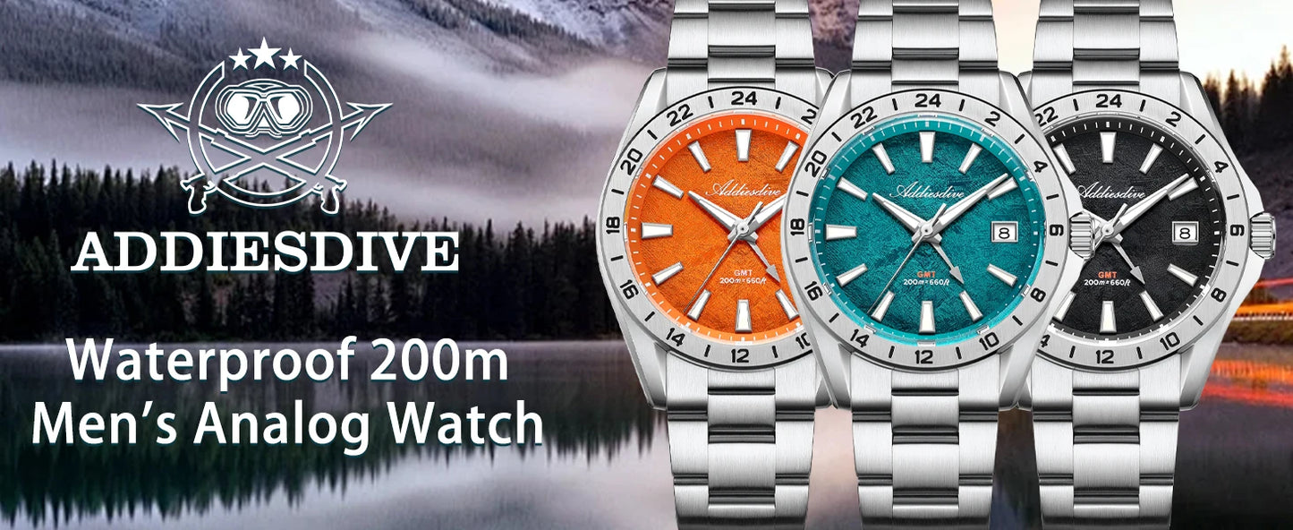 ADDIESDIVE Luxury Swiss Ronda GMT Watch 200M Water Resistant Dual Time Zone BGW9 Luminous 38mm Stainless Steel Quartz Movement