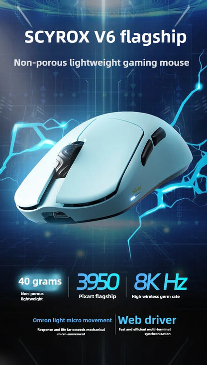 SCYROX V6 neporézní bezdrátová esportovní myš 40g 750IPS s 8k přijímačem, rychlá odezva, PixArt 3950, vysoká kvalita, 8KHz webový ovladač