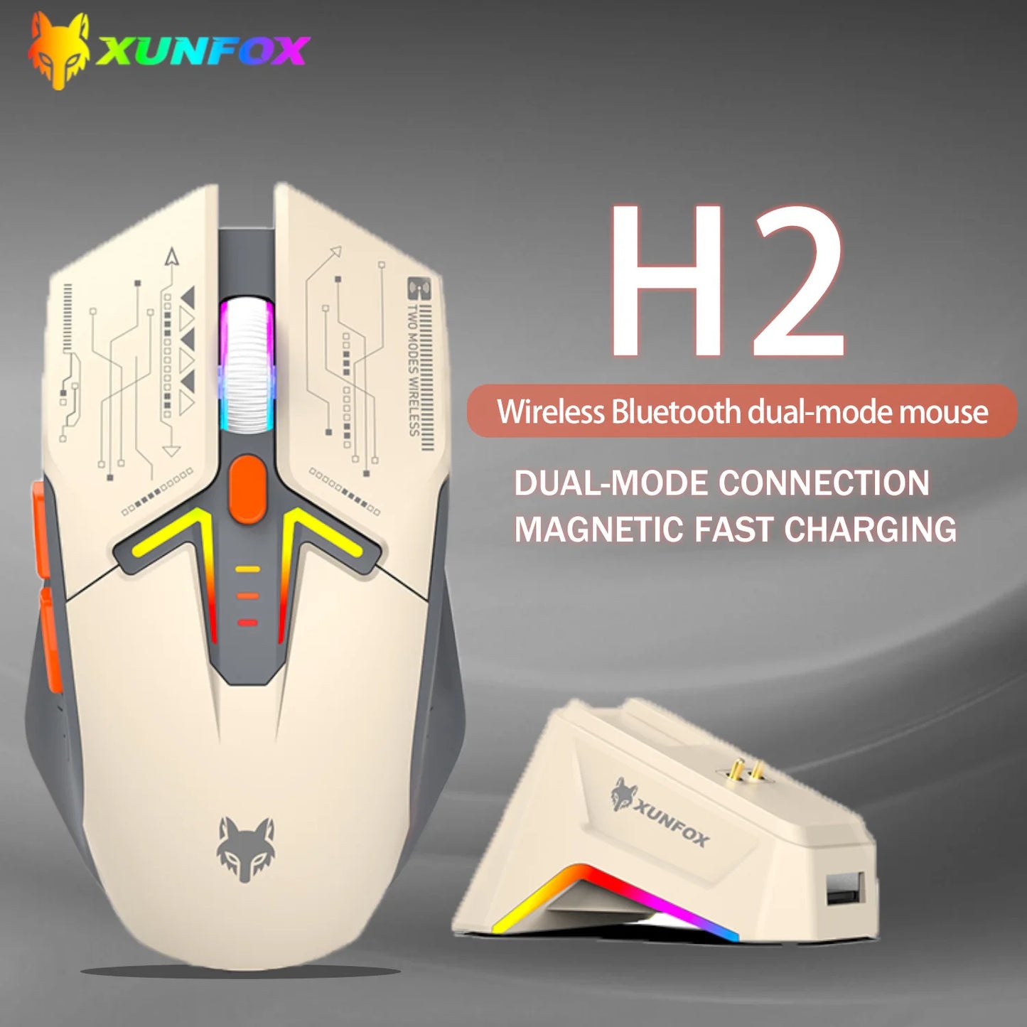 XUNSVFOX H2 trådløs Bluetooth-mus med dual-mode, RGB-lyseffekt, til laptop, gaming og kontor, med magnetisk opladning