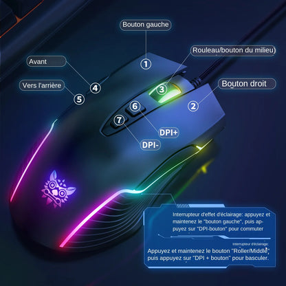 ONIKUMA langallinen pelihiiri, 6 säädettävää tasoa, 6400 DPI, 7 ohjelmoitavaa painiketta, 7 RGB-valaistustilaa, ergonominen hiiri PC-pelaajalle